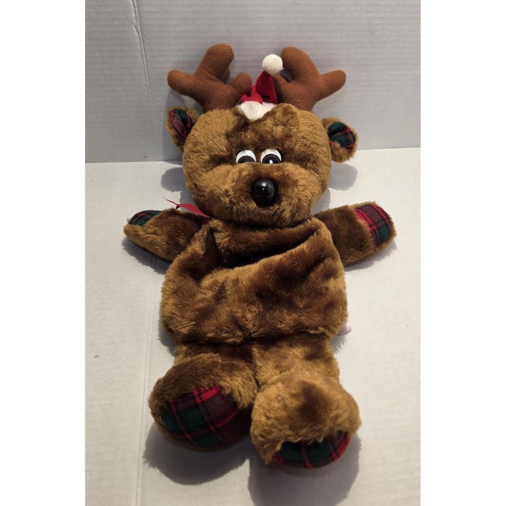 Vintage Christmas Reindeer Plush Pajama Bag Hand Puppet Plaid Accents Brown